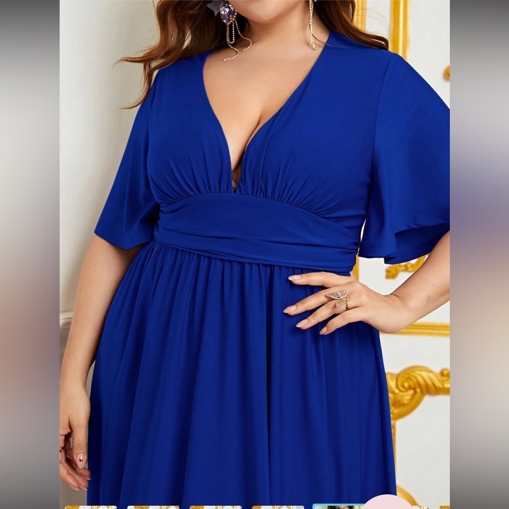 Royal Blue  Satin Maxi Gown with Plunge Neckline and Dolman Sleeves - Picture 7 of 16